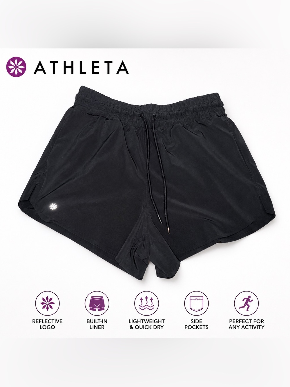 Athleta Black Lined Running Shorts Drawstring Athletic Size Small